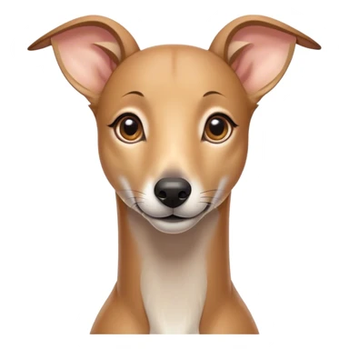 Cinematic Cute Fawn Greyhound Portrait Emoji, Head tilted playfully and inquisitively, featuring a sleek fawn Fur with a gentle sheen, round, sparkling eyes filled with curiosity, Simplified yet irresistibly adorable features, highly detailed, glowing with a warm, friendly glow, high shine, affectionate and nimble, stylized with a touch of whimsy, bright and endearing, soft glowing outline, capturing the essence of a mischievous yet loving racer, so playful it feels like it could sprint out of the screen and into your arms! sticker