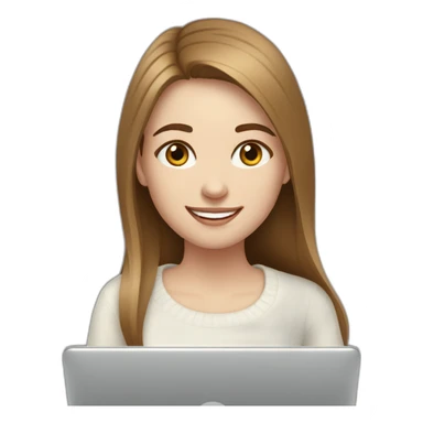smiling woman with pale skin and middle brown long straight hair wearing a white woolly shirt and working on a two laptops sticker