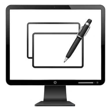 Minimalistic flat vector icon, iOS style, thin black contour on white background. Computer monitor with a pen tool icon. No text, no shadows.
 sticker