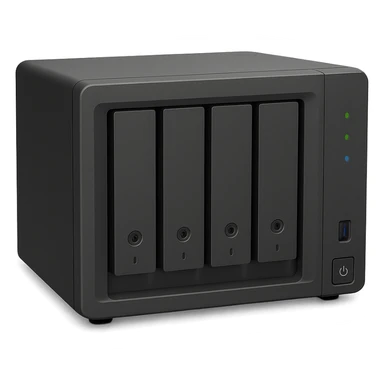 generic 4 bay NAS device, compact, subtle LED indicators sticker