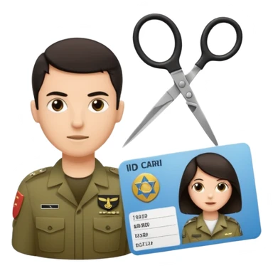 Floating black Scissors cutting in half an idf soldier ID card with a little chip in 2 parts .hyper realistic sticker