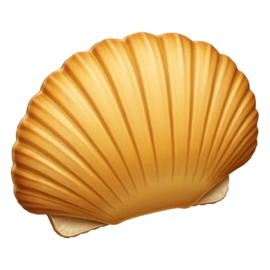 A madeleine pastry. Oval seashell shape with ONLY four to five vertical lines going in the same direction. Light golden brown. Scalloped edge. Cookie. Flat. Long. Oval shape. Lets scallops. Only four or five scalloped lines. Oblong shape. More length. sticker