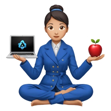 emoji of an asian woman with a single bun in a long blue coat sitting cross legged with dna levitating above one hand and an apple laptop above the other hand sticker