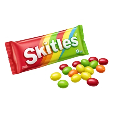 Regular rainbow-colored Skittles package with the standard logo and design, but only lime green Skittles candies spilling out sticker