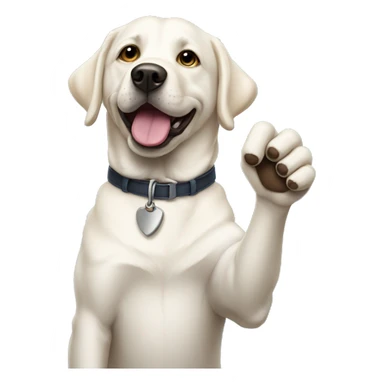 a white lab holding up a middle paw sticker