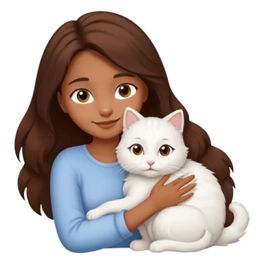 A brown skinned brunette girl hugging a white cat sticker