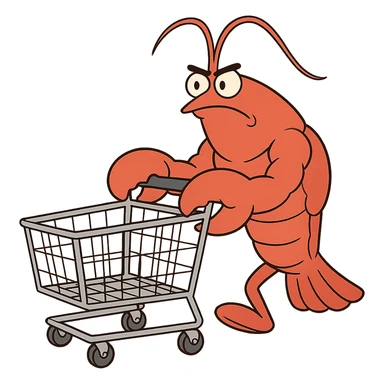 strong lobster pushing a shopping cart, transparent background sticker