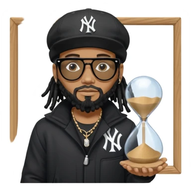 African American Man with shoulder length black dreadlocks with black beard wearing black sunglasses wearing a black bubble winter coat and a New York Yankees logo baseball cap holding a hourglass sticker