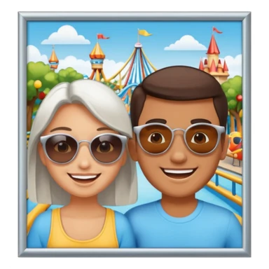 a photo in a silver frame, of 2 friends in a theme park sticker
