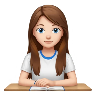 high school class room with a pretty female high school student with long brown hair, blue eyes sitting in front of the blackboard sticker