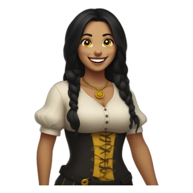 a woman, curvy, long black hair, yellow eyes, a septum piercing, tattoos, a black and yellow tavern keeper outfit, she laughs sticker