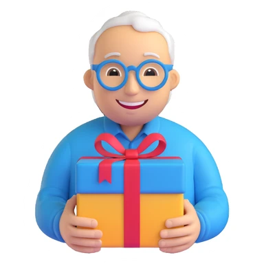 3D smiley emoji, round shape, grandfather with gift, blue color, smiling face sticker