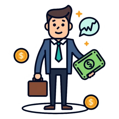 Finance expert businessman with briefcase, stock market chart, and money sticker