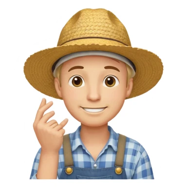 “A single emoji-style character combining 👨‍🌾😄 and 🤔: a smiling farmer with a straw hat, one hand under his chin in a strong thinking gesture, eyes looking upward thoughtfully, expressive face, clean flat emoji design, bold outlines, soft colors, transparent background.” sticker