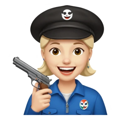 Este emoji 😂 de risa pero con gorro del equipo colo colo y una pistola en la mano sticker