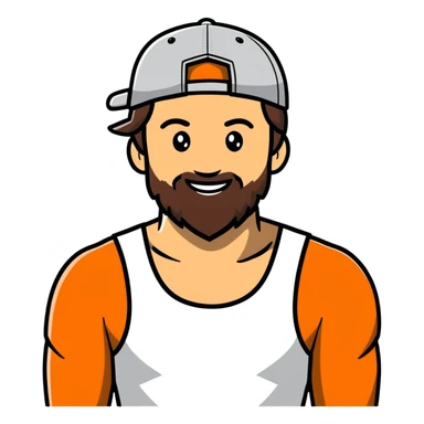 Alex Hormozi, white man with mid-long hair wearing a cap, big beard, smiling, white tank top sticker