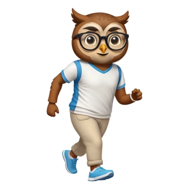 friendly anthropomorphised owl in pants and a shirt, wearing glasses, jogging upright, relaxed pose sticker