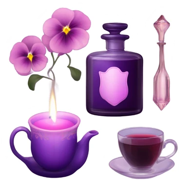 A cozy aesthetic: a dark purple candle in a glass jar, pink pansies, a violet vintage perfume bottle, and a pink cup of steaming tea. sticker