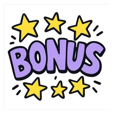 the word BONUS in large letters, all the same vibrant color, surrounded by stars, no background or sign behind, just the letters and stars, vibrant cartoon style QUIERO EXACTAMENTE IGUAL SOLO QUE LAS LETRAS DEBEN SER VIOLETA PASTEL Y LAS ESTRELLAS AMARILLAS sticker