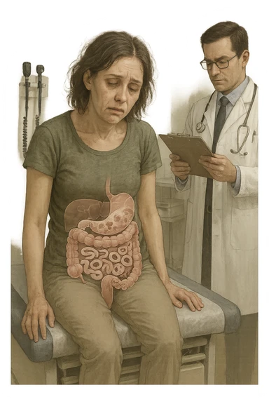 a woman in her 30s sits slumped on a doctor’s examination table, her face pale and eyes sunken with deep fatigue. A transparent overlay on her abdomen reveals stylized images of internal parasites, such as worms or protozoa, inside her digestive tract. The doctor stands nearby, reviewing medical charts. The mood is clinical and educational. sticker