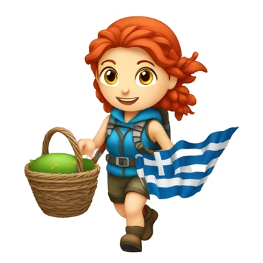 red hair female winter mountaineer climbing with Easter basket and Greek flag sticker