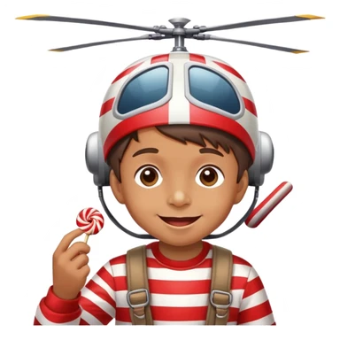 happy kid with helicopter hat eating a candy sticker
