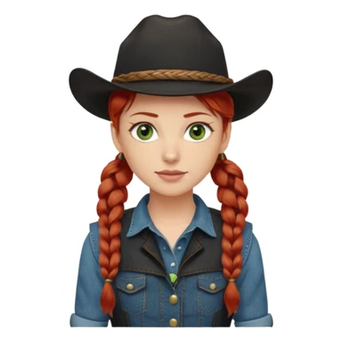 cowgirl with red hair in one braid over shoulder, green eyes, black hat  sticker