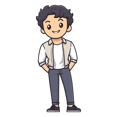 Casual business strategist with black wavy hair, stubble, strong features, white skin, wearing casual Friday outfit with no tie, leaning back relaxed, friendly smile, personal and approachable for Instagram profile sticker