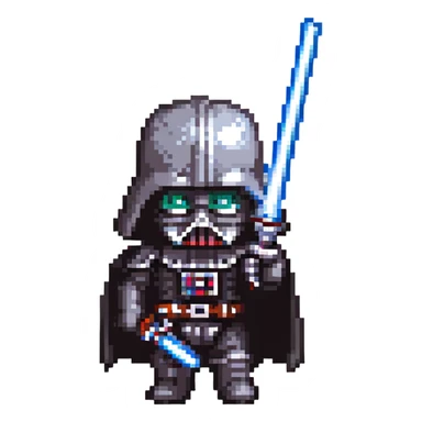 Darth Vader, pixel art, chibi proportions, holding a lightsaber sticker