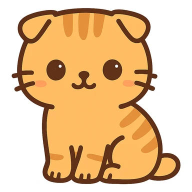 flat toon style kawaii orange scottish fold kitten sitting, dark round eyes, cute sticker