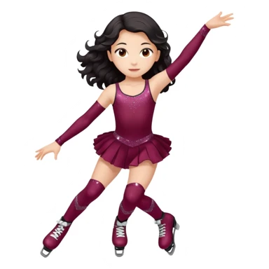 Una patinadora de 12 años y es morena de pelo y lleva un mallott granate con brillos y esta patinando con patines de ruedas en linea y su piel es clara y el pelo es largo negro ondulado e mallot tiene falda sticker