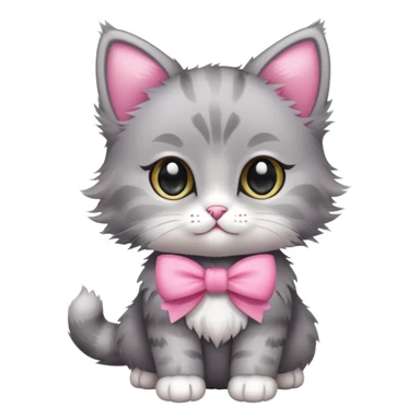 cute baby cat, full body, fluffy, gray with pink bow sticker