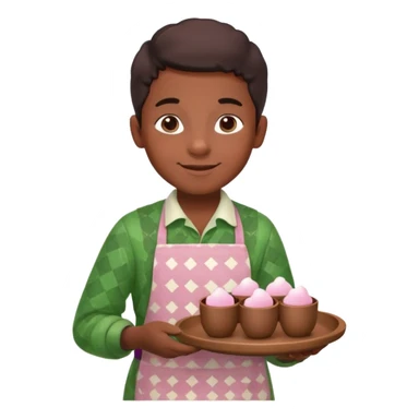 A young black vendor boy with pink cheeks, holding a tray of marshmallow-topped cocoa wearign green patterned apron sticker