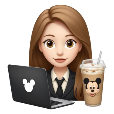 Women in front of laptop has a Mickey sticker, with a happy face, face a little fuller, long light brown hair, light brown big eyes, light pale skin with a iced coffee on the side, business attire sticker