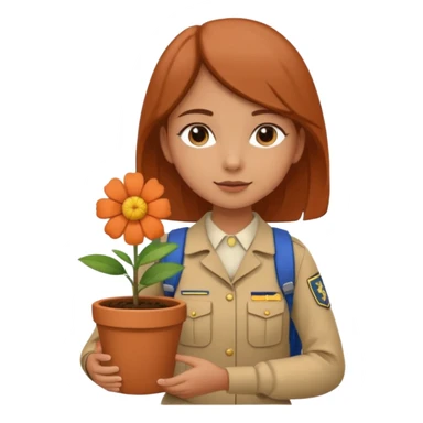 young girl wearing packpack, wearing uniform, holding a flower pot sticker