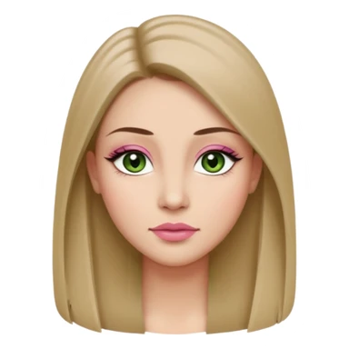 ,Adult woman avatar, light skin tone, oval face, long straight ash-brown hair, green almond-shaped eyes with dramatic eyelashes and minimal eyeliner, neutral mouth, medium straight eyebrows, small nose, natural pink lips, smooth skin with light natural blush sticker