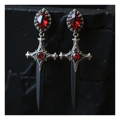 realistic goth earrings, black dagger with red gem, metallic and gemstone, dramatic gothic sticker