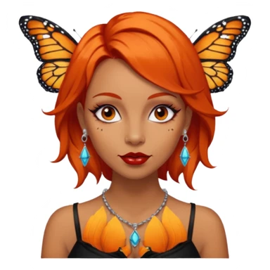 A siren with dark orange hair, red lips, dark eyes, nice eyelashes, bunch of ear piercings, a necklace and only one Monarch butterfly on her shoulder sticker