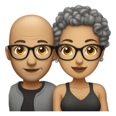 Bald man with tattoos and curly-haired lady wearing glasses sticker