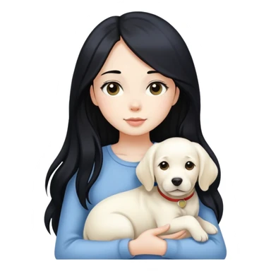 A beautiful girl with long black hair and fair skin is holding a white Labrador sticker