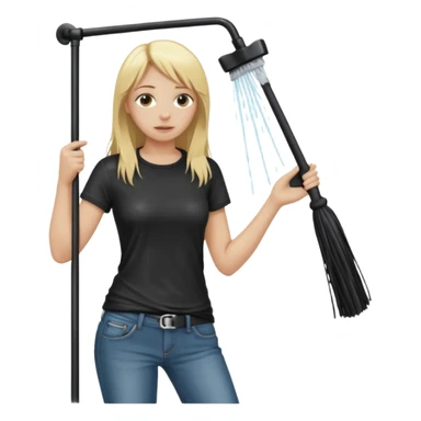 Bdsm male dominant wearing jeans black T-shirt and holding a flogger watching from outside blonde long hair sub with a collar showering with suds all over her sticker