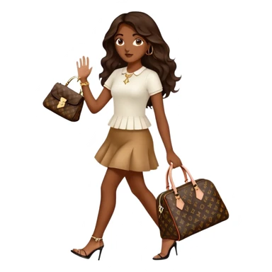  Brown girl with long dark brown medium wavy hair carrying one Louis Vuitton purse on her arm while walking  sticker