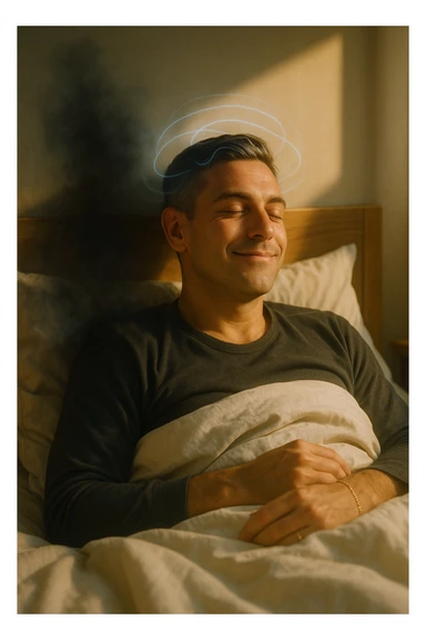 A cinematic image of a man in his mid-30s lying in bed, just waking up from deep sleep. His expression is calm and visibly transformed — a sense of inner peace, relief and subtle joy on his face. Soft morning light enters the room, casting gentle golden tones over his features. His eyes sono ancora semi chiusi, ma il viso è disteso, come se un grande peso fosse stato rilasciato durante la notte. Accanto a lui, simbolicamente sfocato, un’ombra o un alone scuro si dissolve, rappresentando il malessere notturno superato. Intorno alla sua testa, leggere onde di luce azzurra o bianca simboleggiano l’attività cerebrale rigenerativa della fase REM. La camera è ordinata, minimalista, con materiali naturali. L’atmosfera è serena, rigenerativa, intima. Shot in 35mm film style, high realism, shallow depth of field, warm highlights and clean shadows. sticker