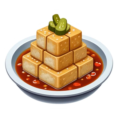 Stinky Tofu with sauce and pickles, simplified emoji style with bold outlines and bright colors, cartoon style dark fermented Chinese street food with steam sticker