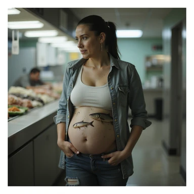 realistic pregnant woman in 4K walking away from salmon counter after reading information about parasites with fish counter showing fillets with visible parasites sticker