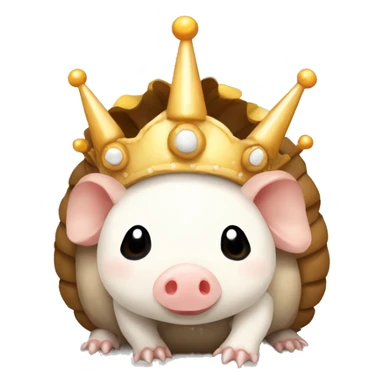 Beige and white piebald chubby round armadillo pig panda centipede armadillo wearing a crown sticker