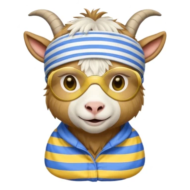 a goat with yellow sleep mask and wearing shirt sticker