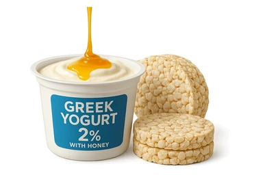 Yogurt Greco 2%
Miele
Gallette di Riso
vista frontale, iperrealistico 4k sticker