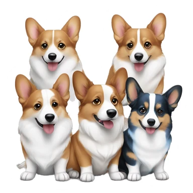 Three corgis sitting together with no tails. One is a red headed tri, one is a black headed tri, and one is a blue Merle with blue eyes sticker