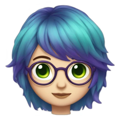 chibi, short blue and purple hair, green eyes, glasses sticker